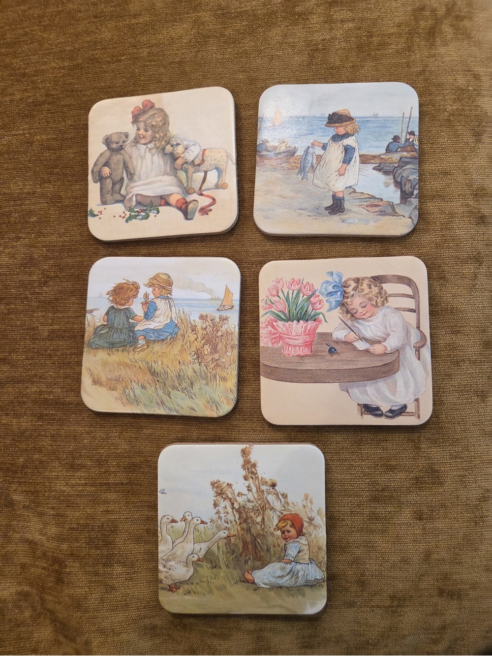 Vintage Illustrated Square Coasters - Pastel Children Prints (Set)